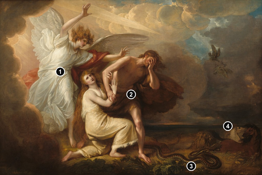 Annotated details from The Expulsion of Adam and Eve, 1791 by Benjamin West